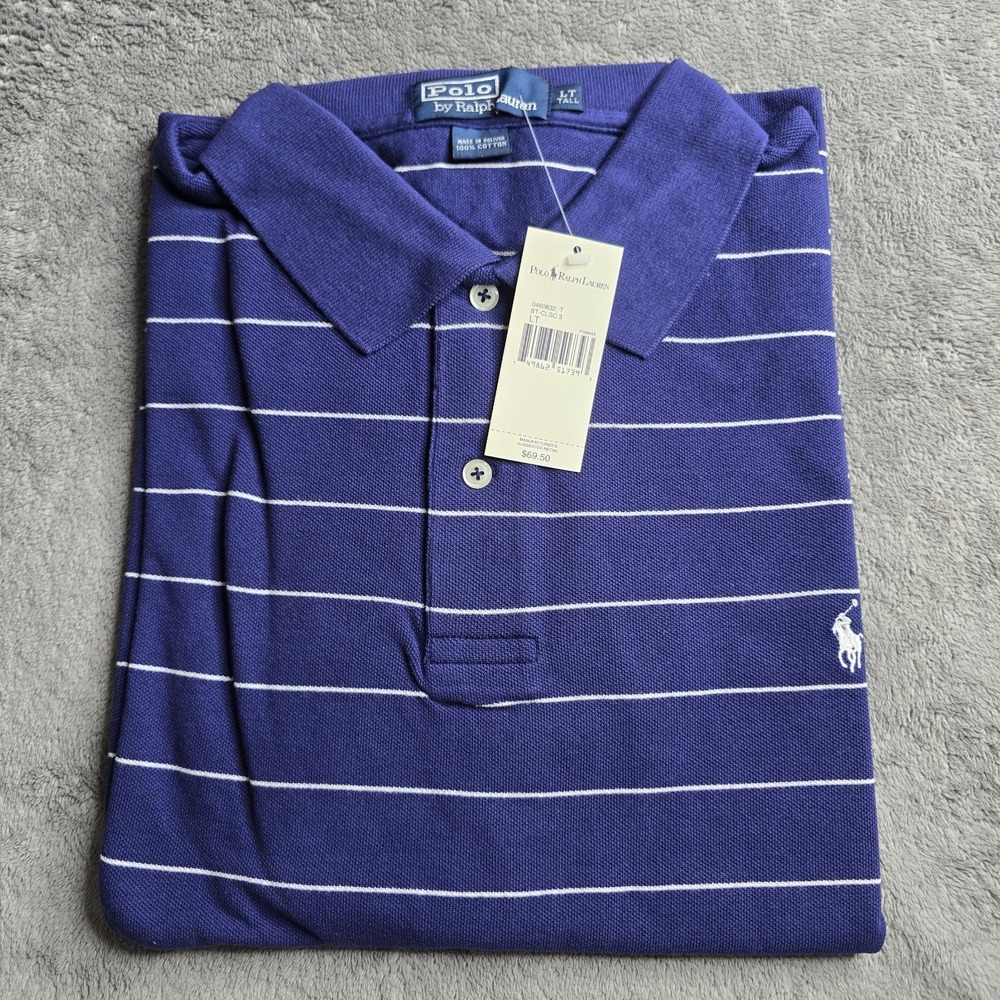 NWT Polo Ralph Lauren Mesh Polo Shirt Mens Large Tall Blue Stripe S/S White Pony